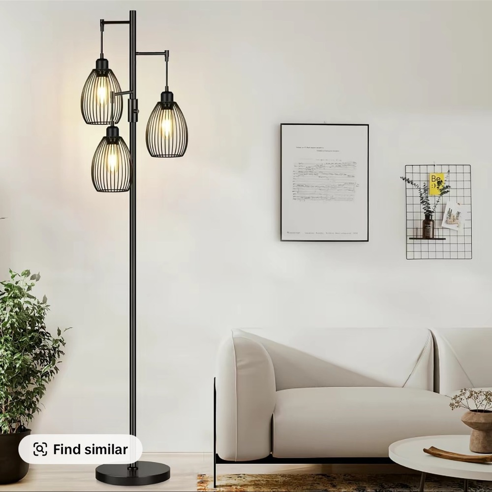 Modern Black 3-Light Floor Lamp with Wire Cage Shades